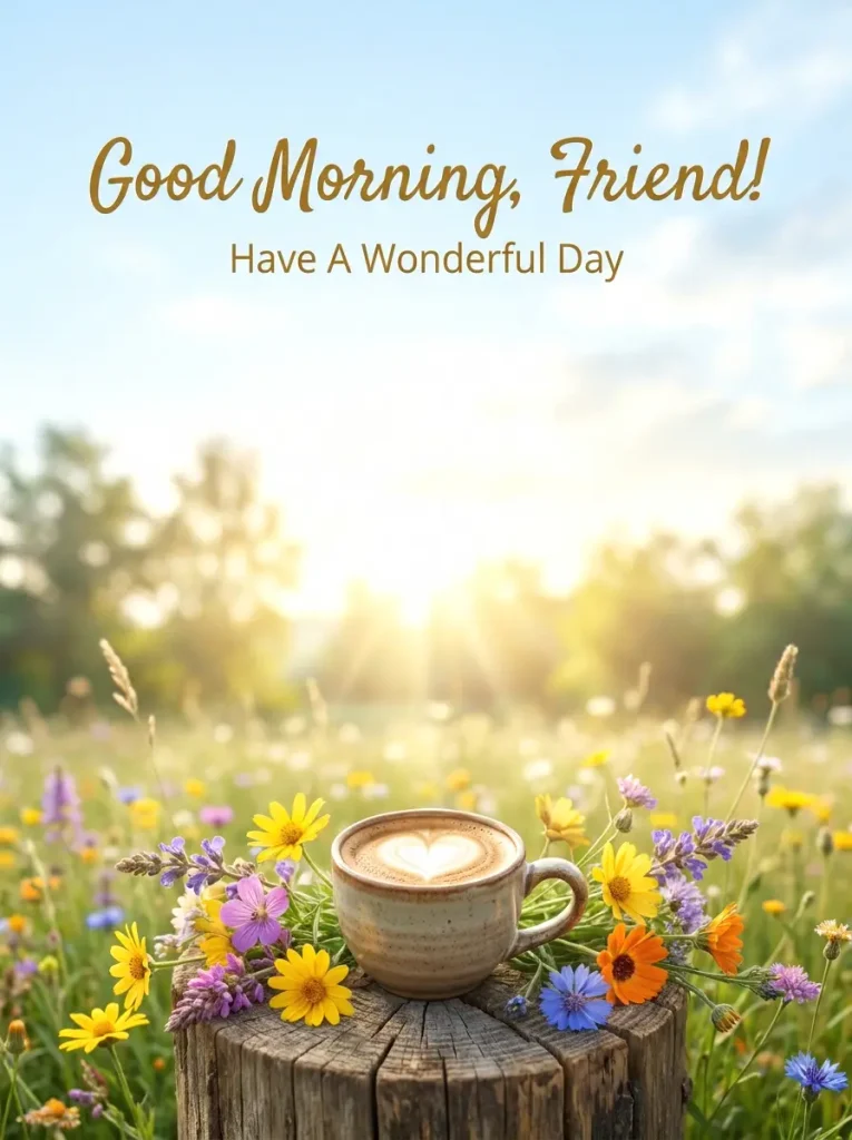 Good Morning image for family with flowers and sunrise