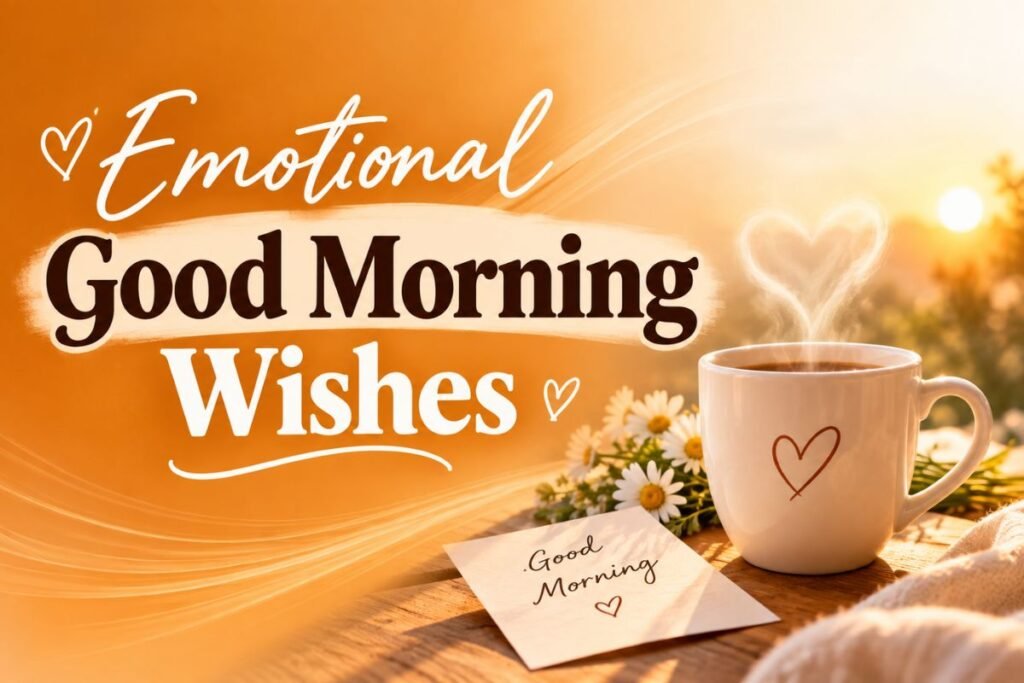 Emotional Good Morning Wishes with a warm morning coffee, flowers, and heartfelt note