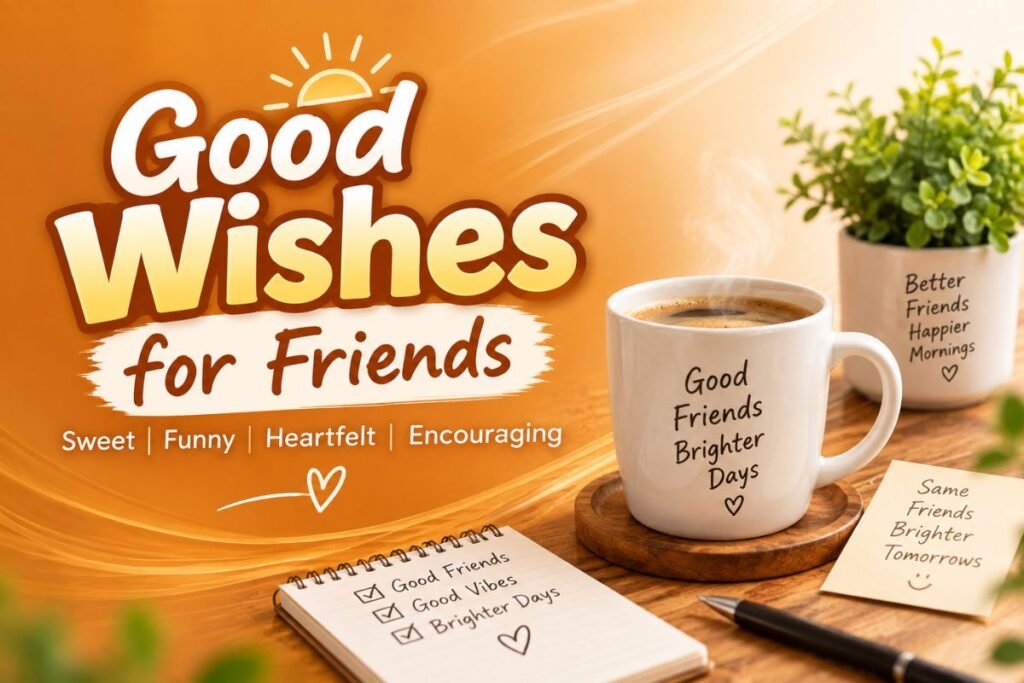 Good Morning Wishes for Friends Good morning wishes for friends with a warm orange background, coffee mug, and friendship-themed morning message