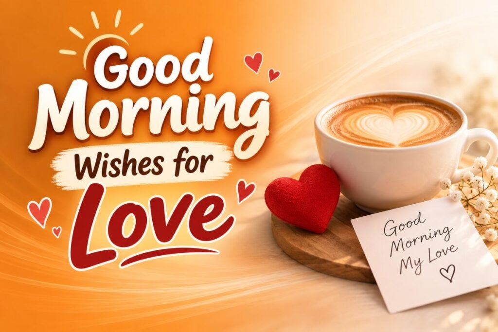 Good Morning Wishes for Love Good Morning Wishes for Love with a heart-shaped coffee and romantic morning message