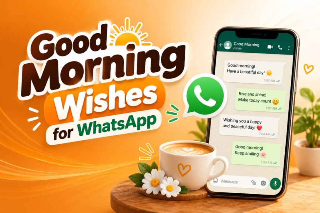 Good Morning Wishes for WhatsApp Good Morning Wishes for WhatsApp with morning messages on a smartphone