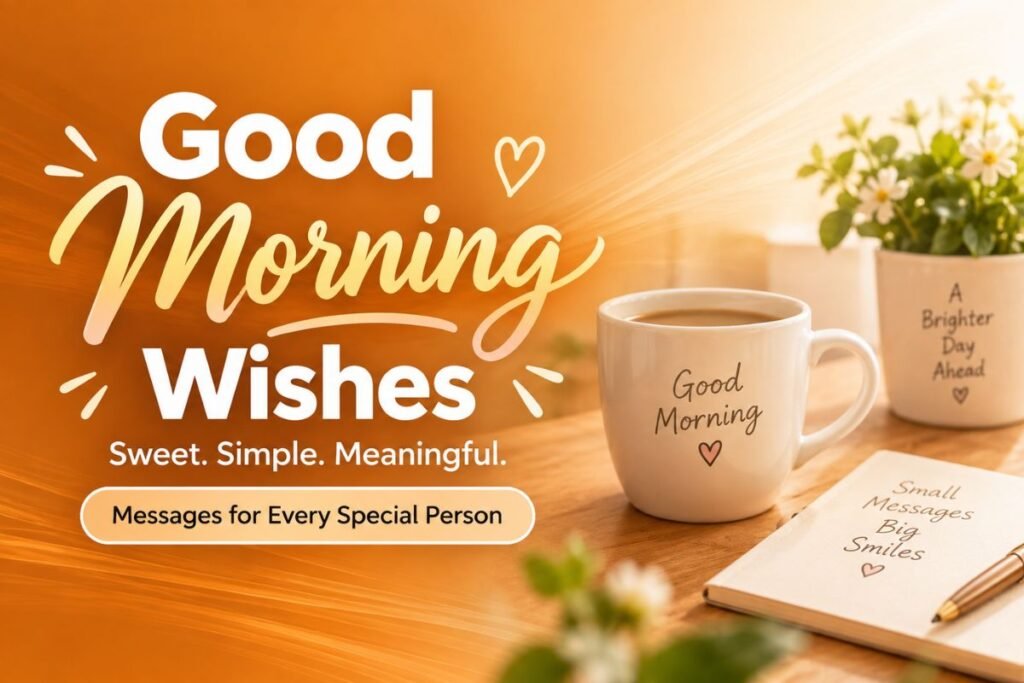 Good Morning Wishes Good Morning Wishes with a warm coffee mug, flowers, and a cheerful morning message