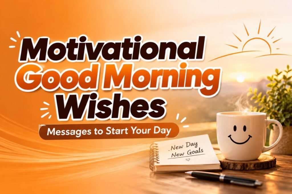 Motivational Good Morning Wishes with a sunrise, coffee mug, and new goals notebook