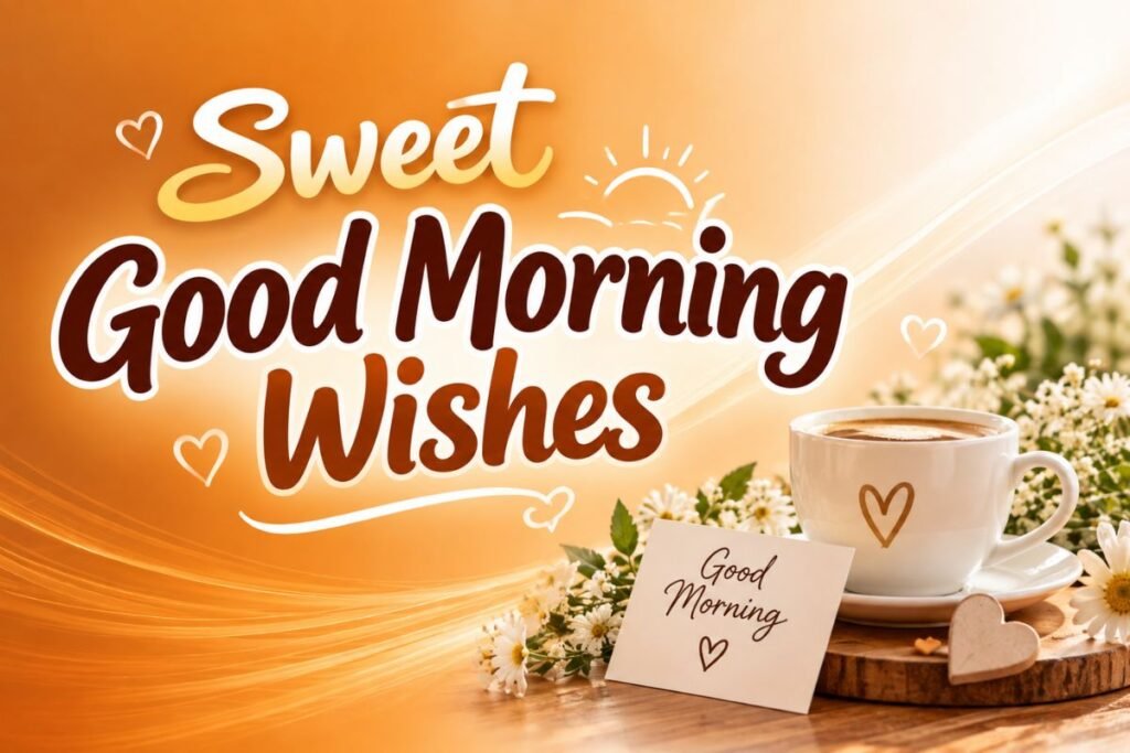 Sweet Good Morning Wishes with a warm morning coffee, flowers, and heart accents