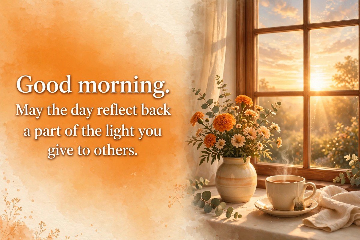 Good morning wish saying may the day reflect back a part of the light you give to others, with a vase of flowers and a cup of tea beside a sunrise window