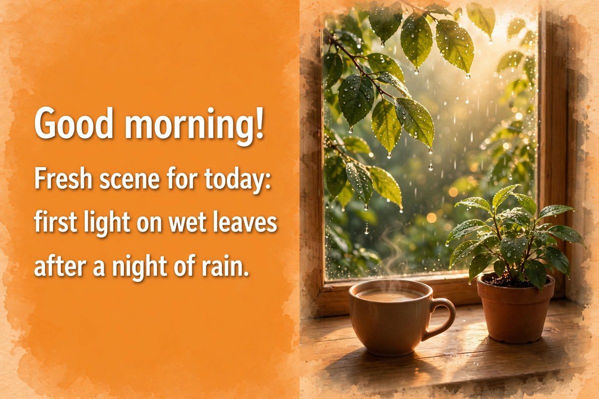 Latest good morning wish saying fresh scene for today, first light on wet leaves after a night of rain, with a coffee cup and a plant beside a window