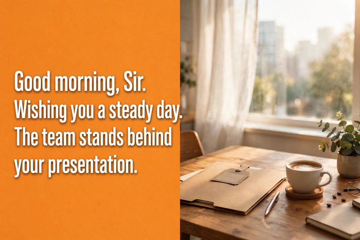 Good morning wish saying wishing you a steady day, the team stands behind your presentation, with a presentation folder and a coffee cup beside a bright window