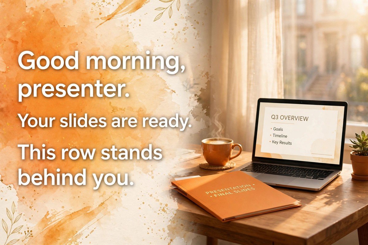 Good morning wish saying your slides are ready, this row stands behind you, with a presentation folder and a coffee cup beside a bright window