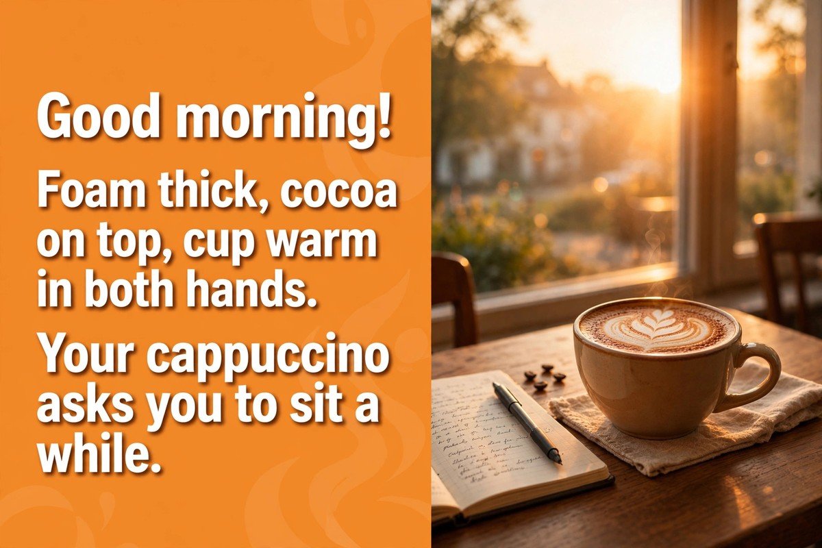 Good morning coffee wish saying foam thick, cocoa on top, cup warm in both hands, your cappuccino asks you to sit a while, with a cappuccino cup with leaf foam art on a cafe table by a window at sunrise and an open notebook
