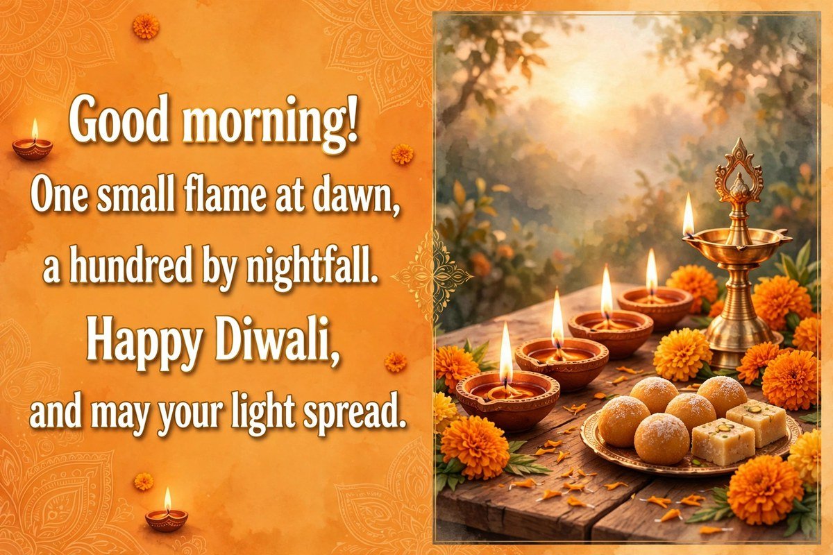 Good morning Diwali wish with diyas and lights saying good morning, one small flame at dawn, a hundred by nightfall, happy Diwali, and may your light spread, with a row of lit clay diyas, marigold flowers, a brass lamp and a plate of mithai on a wooden table at sunrise