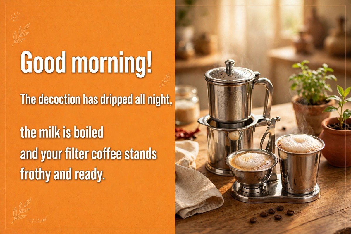 Good morning coffee wish saying the decoction has dripped all night, the milk is boiled, and your filter coffee stands frothy and ready, with a steel filter coffee set and davara tumbler on a wooden table in warm kitchen light