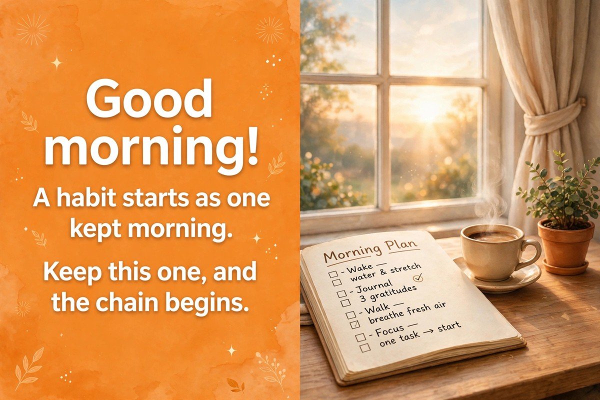 Inspirational good morning wish saying a habit starts as one kept morning, keep this one and the chain begins, with a morning plan notebook, a coffee cup and a plant beside a dawn window