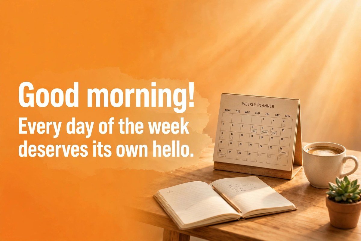 Good morning wish for every day of the week beside a weekly planner, coffee and a notebook on a sunny table