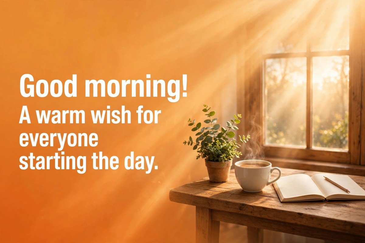 Good morning wish for everyone beside coffee, a plant and a notebook on a sunny morning table