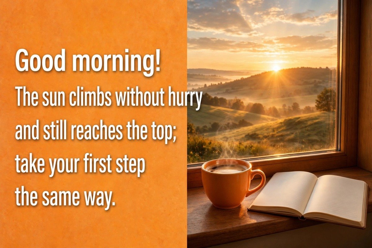 Beautiful good morning wish saying the sun climbs without hurry and still reaches the top, take your first step the same way, with a coffee cup and a notebook beside a sunrise window