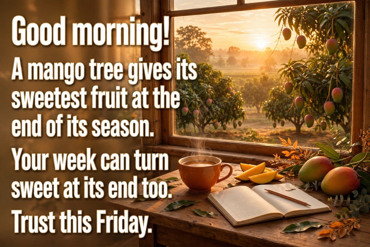 Friday good morning wish saying a mango tree gives its sweetest fruit at the end of its season, your week can turn sweet at its end too, trust this Friday, with a tea cup and open notebook on a wooden table by a window at sunrise over a mango orchard