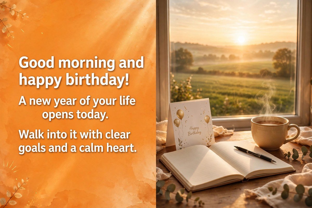 Inspirational good morning birthday wish saying good morning and happy birthday, a new year of your life opens today, walk into it with clear goals and a calm heart, with an open notebook, a pen, a cup of tea and a birthday card by a window at sunrise over a green field