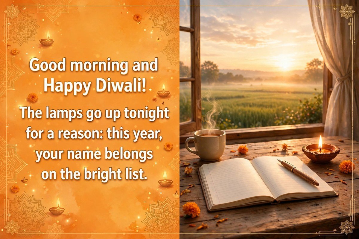 Inspirational good morning Diwali wish saying good morning and happy Diwali, a fresh year opens with these lamps, walk into it with clear goals, with an open notebook, a pen, a lit diya and a cup of tea by a window at sunrise over a green field