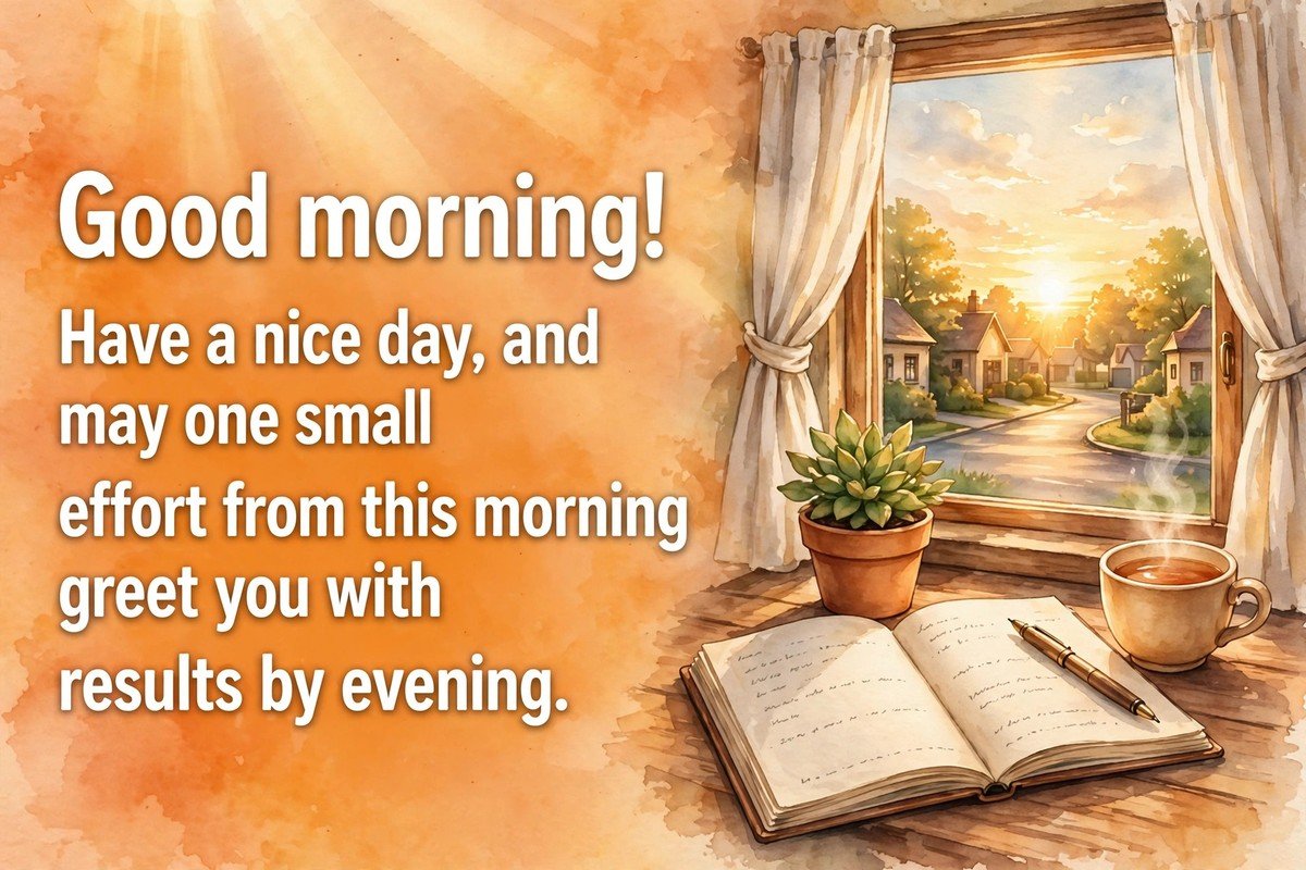 Inspirational good morning have a nice day wish saying good morning, have a nice day, and may one small effort from this morning greet you with results by evening, with an open notebook, a pen, a small plant and a cup of tea by a window at sunrise