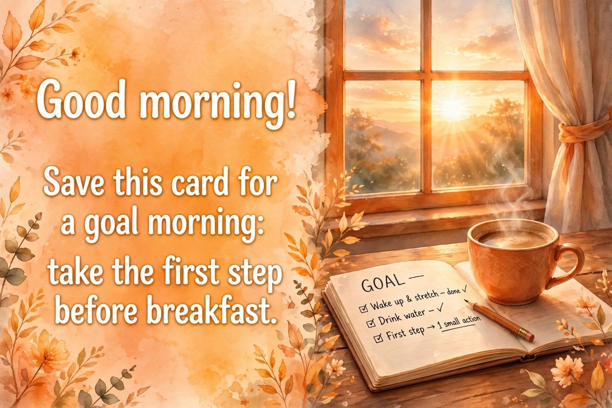 Good morning download wish saying save this card for a goal morning, take the first step before breakfast, with a coffee cup and a goal notebook beside a sunrise window