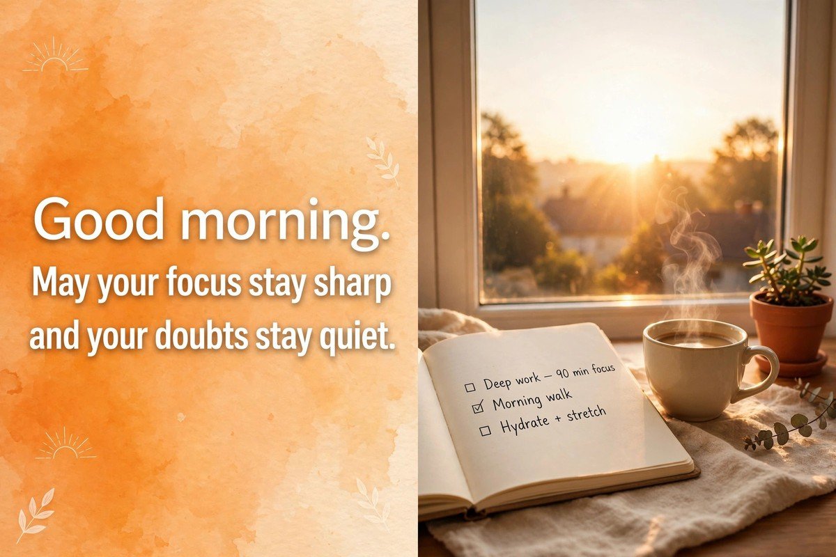 Good morning wish saying may your focus stay sharp and your doubts stay quiet, with an open notebook, a coffee cup and a small plant beside a sunrise window