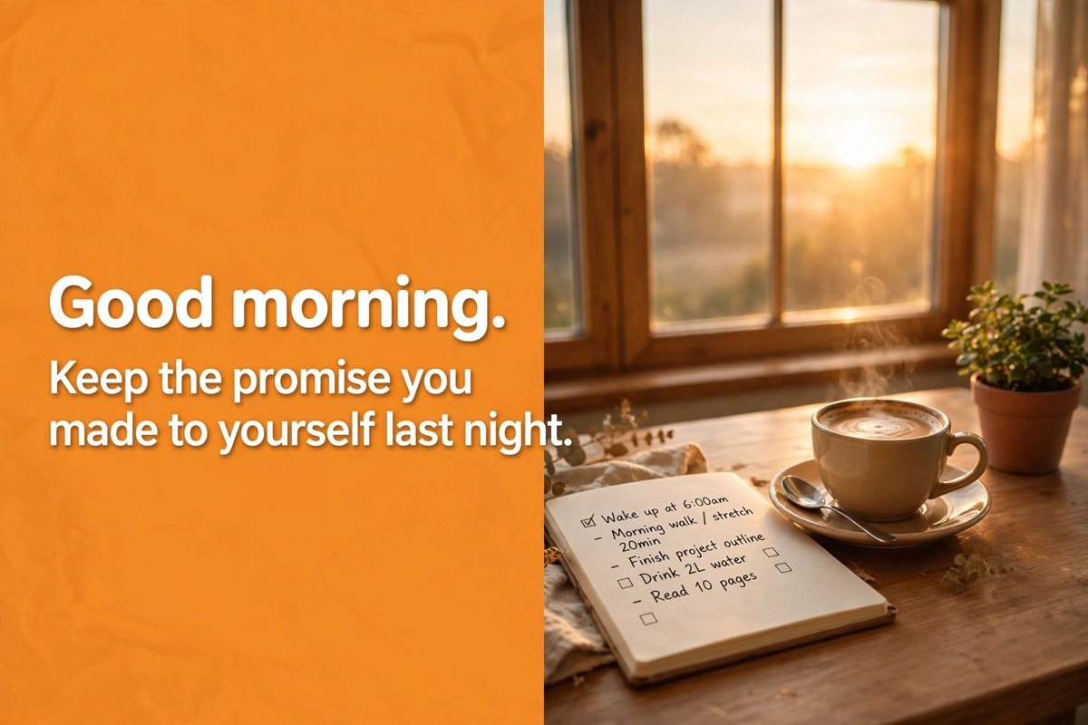 Good morning wish saying keep the promise you made to yourself last night, with a coffee cup and a goal notebook beside a sunrise window