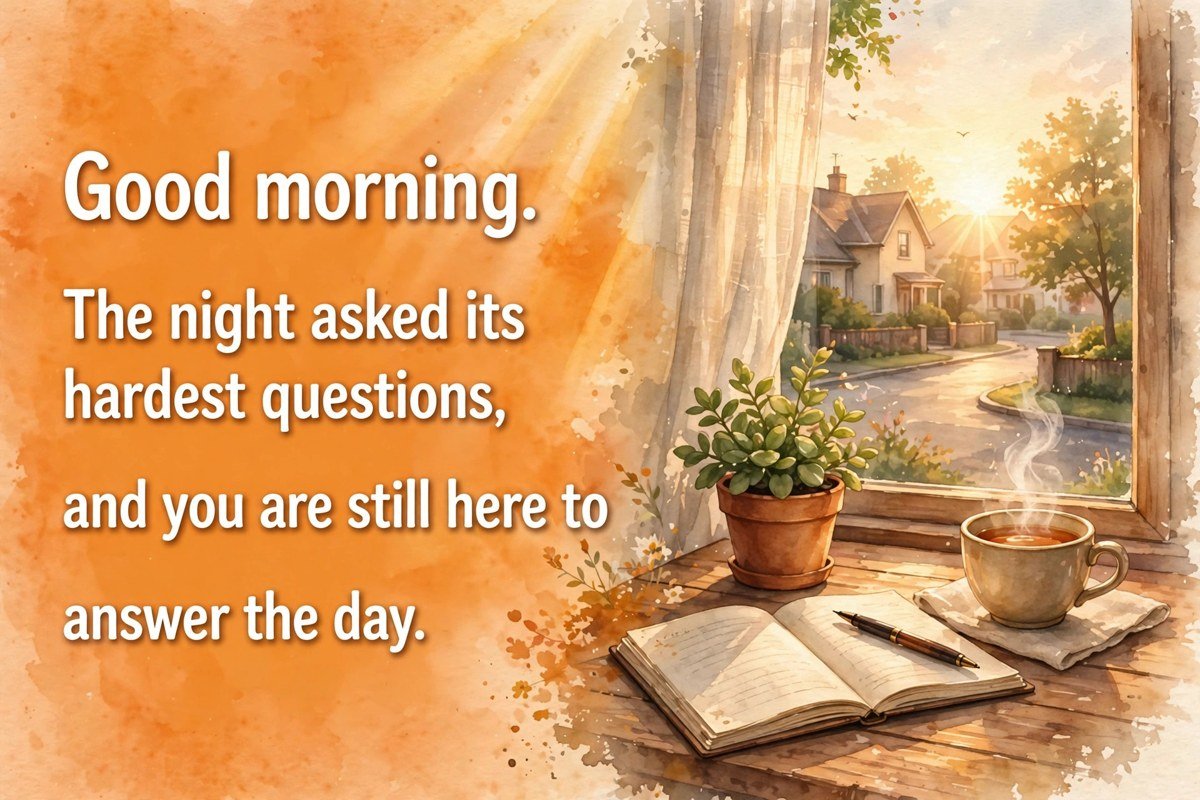Inspirational good morning wishes message saying good morning, the night asked its hardest questions, and you are still here to answer the day, with an open notebook, a pen, a small plant and a cup of tea by a window at sunrise