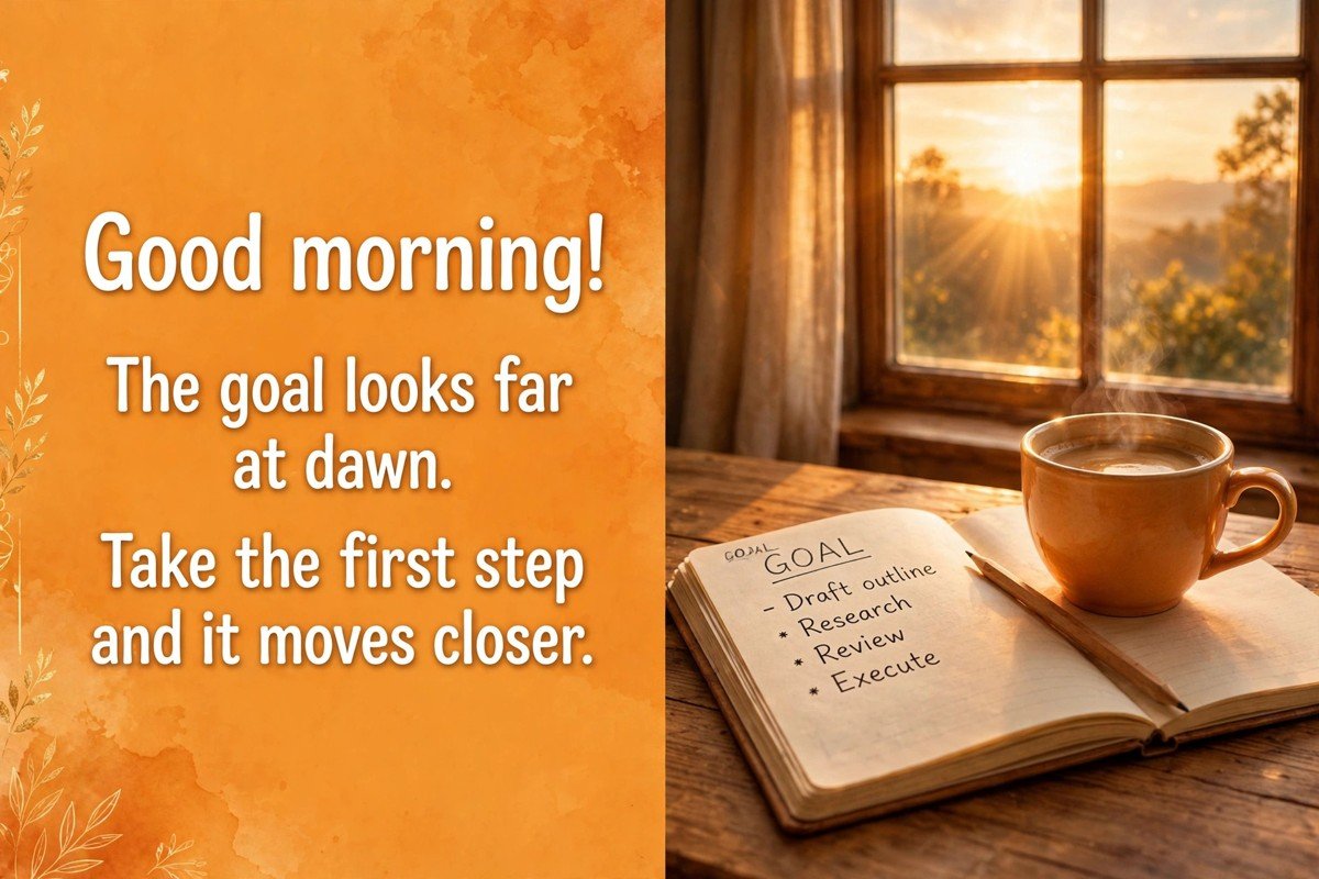 Good morning video wish saying the goal looks far at dawn, take the first step and it moves closer, with a coffee cup and a goal notebook beside a sunrise window