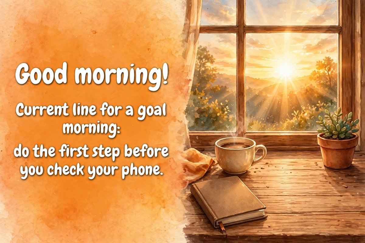 Latest good morning wish saying current line for a goal morning, do the first step before you check your phone, with a coffee cup and a goal notebook beside a sunrise window