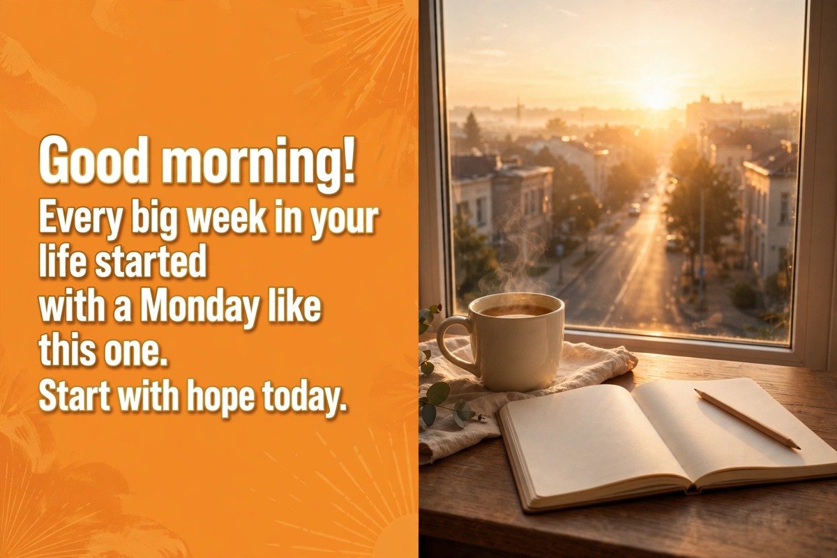 Monday good morning wish saying every big week in your life started with a Monday like this one, start with hope today, with a tea cup and open notebook on a wooden table by a window at sunrise over a city road