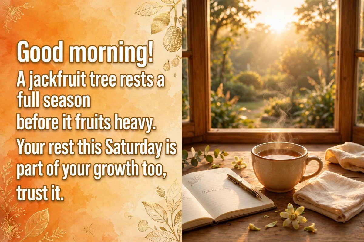 Saturday good morning wish saying a jackfruit tree rests a full season before it fruits heavy, your rest this Saturday is part of your growth too, trust it, with a tea cup and open notebook on a wooden table by a window at sunrise over a garden