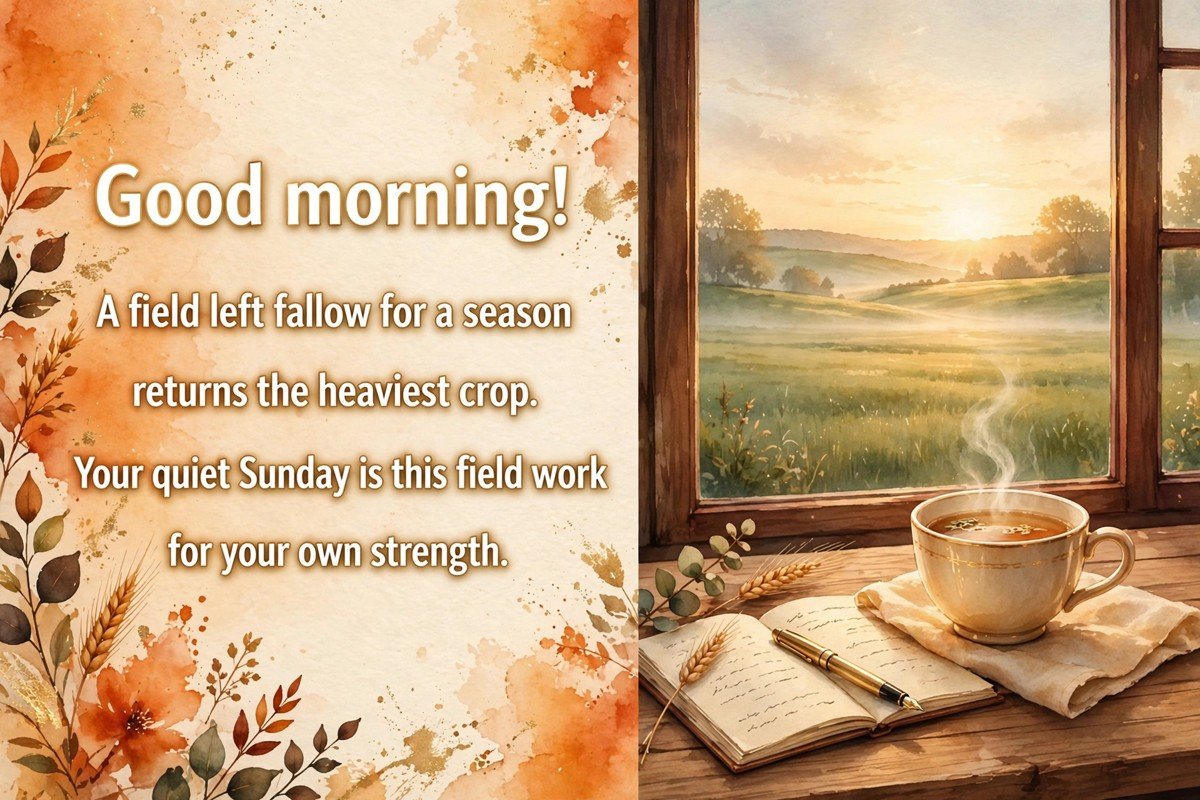 Sunday good morning wish saying a field left fallow for a season returns the heaviest crop, your quiet Sunday is this field work for your own strength, with a tea cup and open notebook on a wooden table by a window at sunrise over a resting field