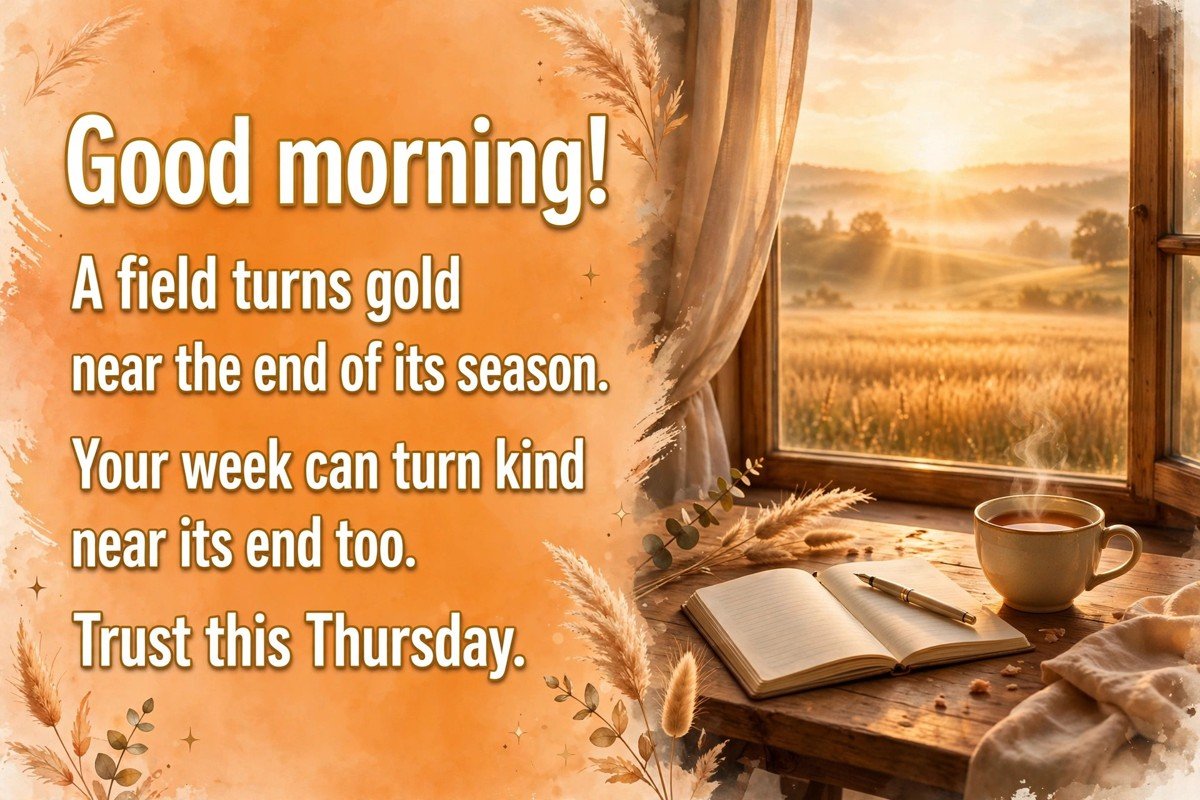 Thursday good morning wish saying a field turns gold near the end of its season, your week can turn kind near its end too, trust this Thursday, with a tea cup and open notebook on a wooden table by a window at sunrise over a golden field