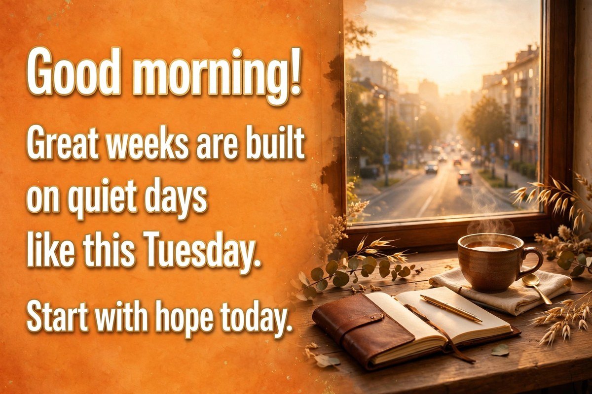 Tuesday good morning wish saying great weeks are built on quiet days like this Tuesday, start with hope today, with a tea cup and open notebook on a wooden table by a window at sunrise over a city road