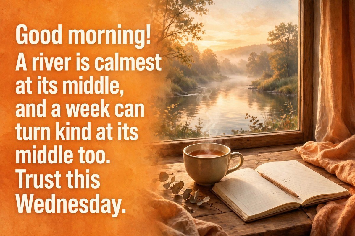 Wednesday good morning wish saying a river is calmest at its middle, and a week can turn kind at its middle too, trust this Wednesday, with a tea cup and open notebook on a wooden table by a window at sunrise over a calm river