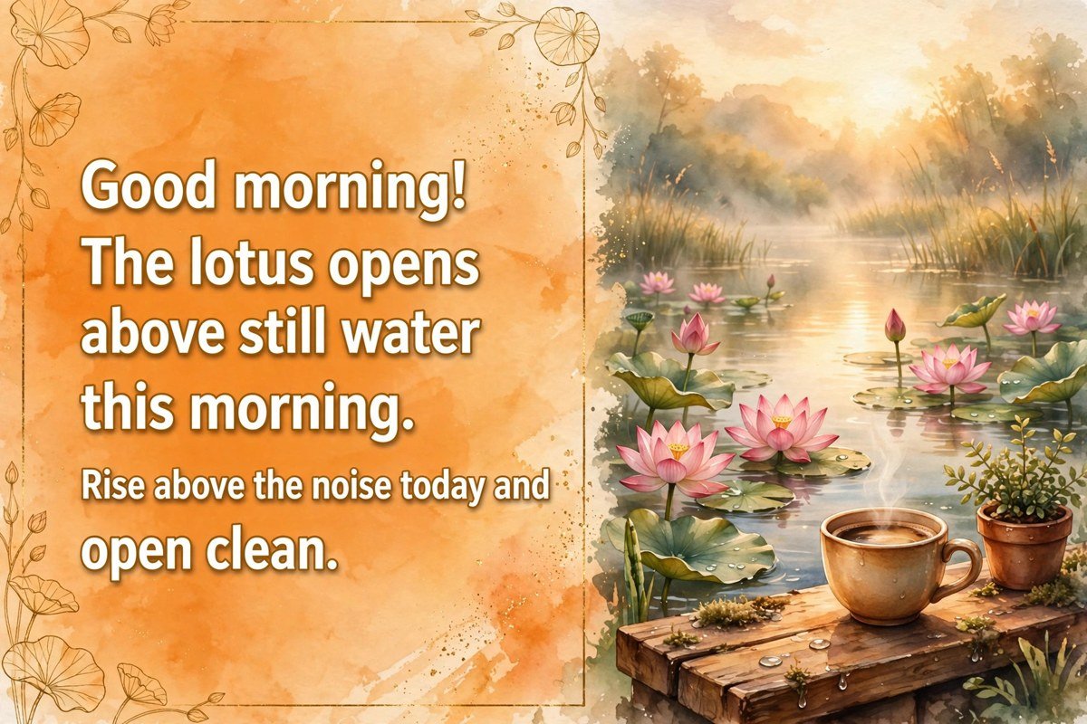 Good morning wish with flowers saying the lotus opens above still water this morning, rise above the noise today and open clean, with pink lotus blooms on a pond at sunrise and a coffee cup on a wooden ledge