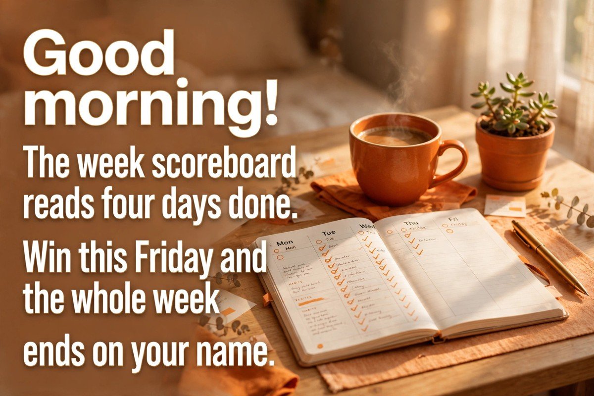 Friday good morning wish saying the week scoreboard reads four days done, win this Friday and the whole week ends on your name, with a weekly planner, pen, coffee cup and small plant on a tidy desk in warm morning light