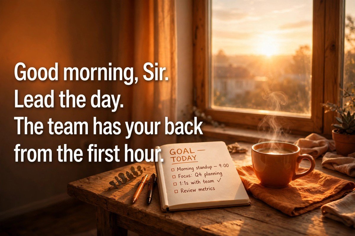 Good morning wish saying lead the day, the team has your back from the first hour, with a coffee cup and a goal notebook beside a sunrise window