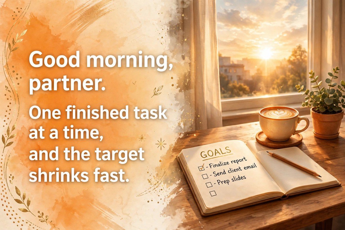 Good morning wish saying one finished task at a time, and the target shrinks fast, with a coffee cup and a goal notebook beside a sunrise window