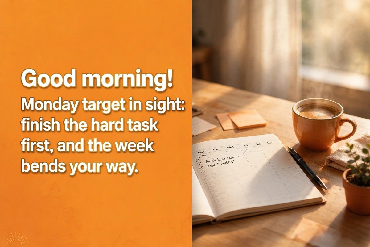 Monday good morning wish saying Monday target in sight, finish the hard task first, and the week bends your way, with a weekly planner, pen, coffee cup and small plant on a tidy desk in warm morning light
