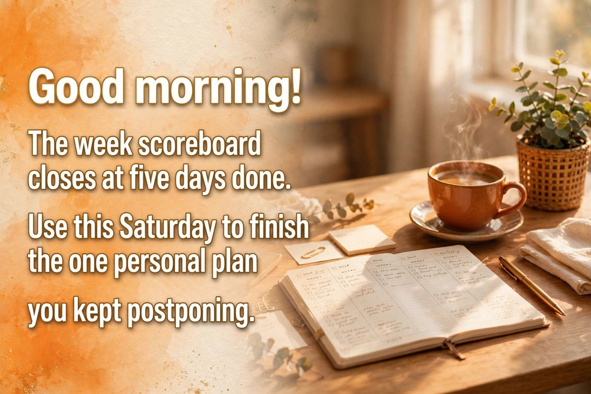 Saturday good morning wish saying the week scoreboard closes at five days done, use this Saturday to finish the one personal plan you kept postponing, with a weekly planner, pen, coffee cup and small plant on a tidy desk in warm morning light