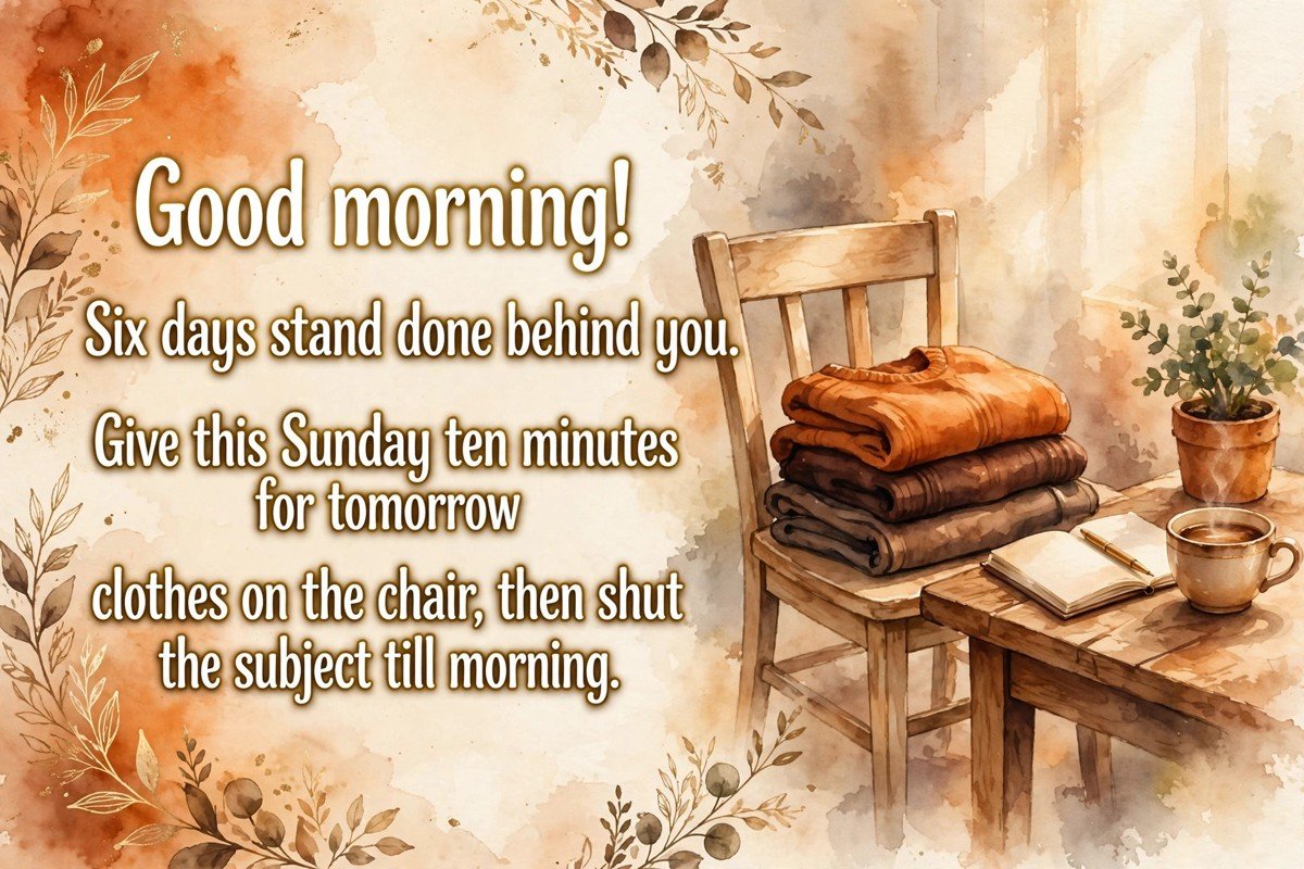 Sunday good morning wish saying six days stand done behind you, give this Sunday ten minutes for tomorrow clothes on the chair, then shut the subject till morning, with folded clothes on a chair, a notebook, pen, coffee cup and small plant on a tidy table in warm morning light