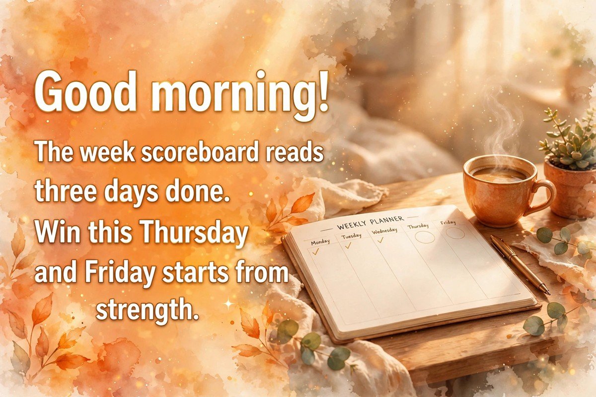Thursday good morning wish saying the week scoreboard reads three days done, win this Thursday and Friday starts from strength, with a weekly planner, pen, coffee cup and small plant on a tidy desk in warm morning light