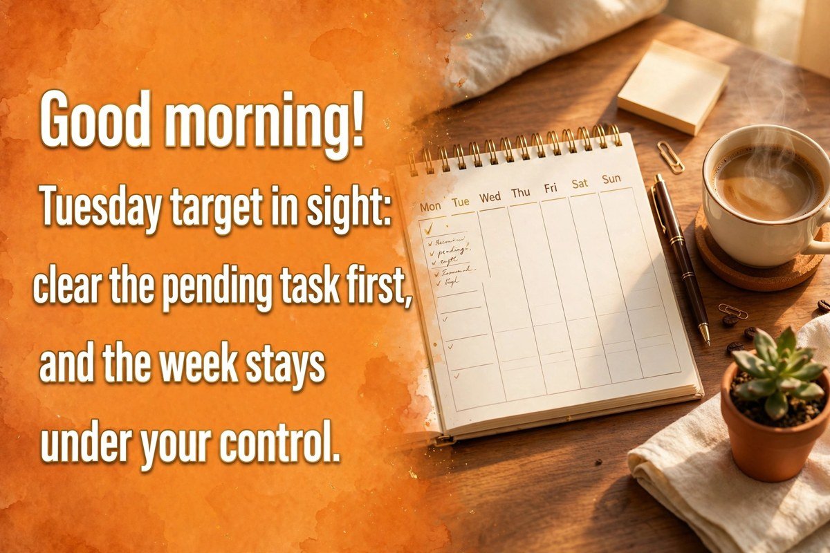 Tuesday good morning wish saying Tuesday target in sight, clear the pending task first, and the week stays under your control, with a weekly planner, pen, coffee cup and small plant on a tidy desk in warm morning light