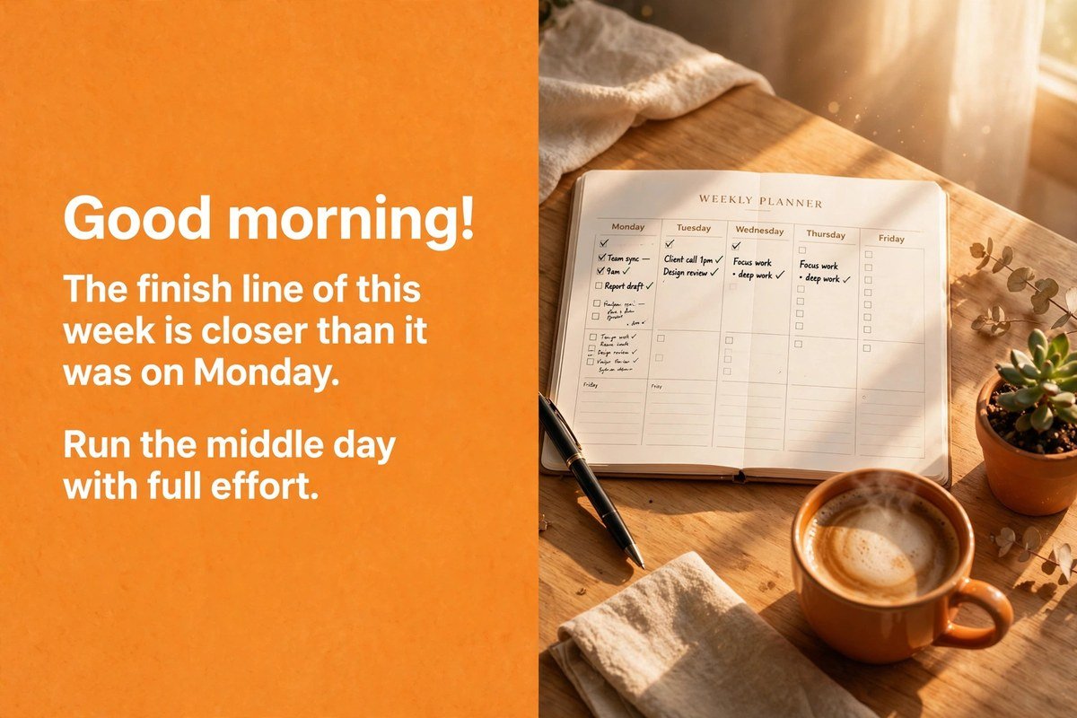 Wednesday good morning wish saying the finish line of this week is closer than it was on Monday, run the middle day with full effort, with a weekly planner, pen, coffee cup and small plant on a tidy desk in warm morning light