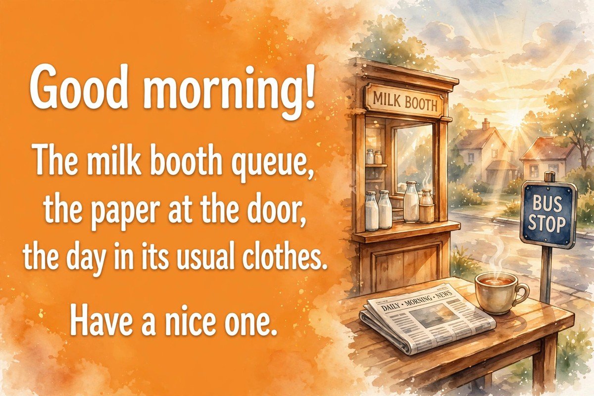 Good morning have a nice day wish for an ordinary day saying good morning, the milk booth queue, the paper at the door, the day in its usual clothes, have a nice one, with a milk booth, a folded newspaper, a bus stop and a tea cup on a wooden table at sunrise