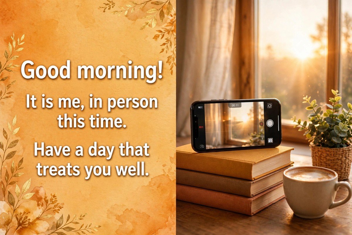 Good morning video wish saying it is me, in person this time, have a day that treats you well, with a phone recording a sunrise by a bright window