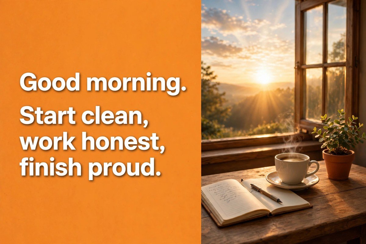 Good morning wish saying start clean, work honest, finish proud, with a coffee cup and an open notebook beside a sunrise window