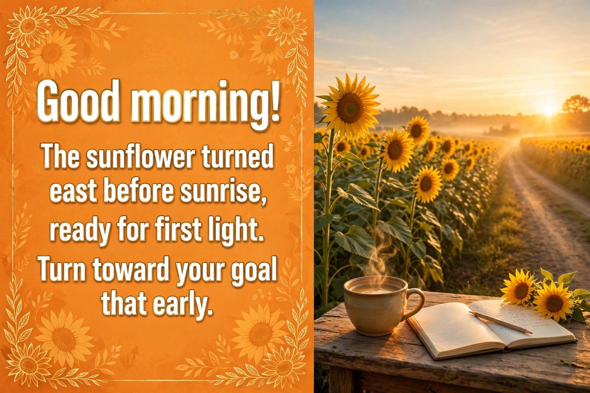 Good morning wish with flowers saying the sunflower turned east before sunrise, ready for first light, turn toward your goal that early, with a sunflower field at sunrise, a coffee cup and an open notebook