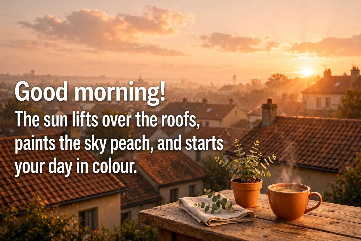 Beautiful good morning wish saying the sun lifts over the roofs, paints the sky peach, and starts your day in colour, with a coffee cup and a plant on a wooden table at sunrise